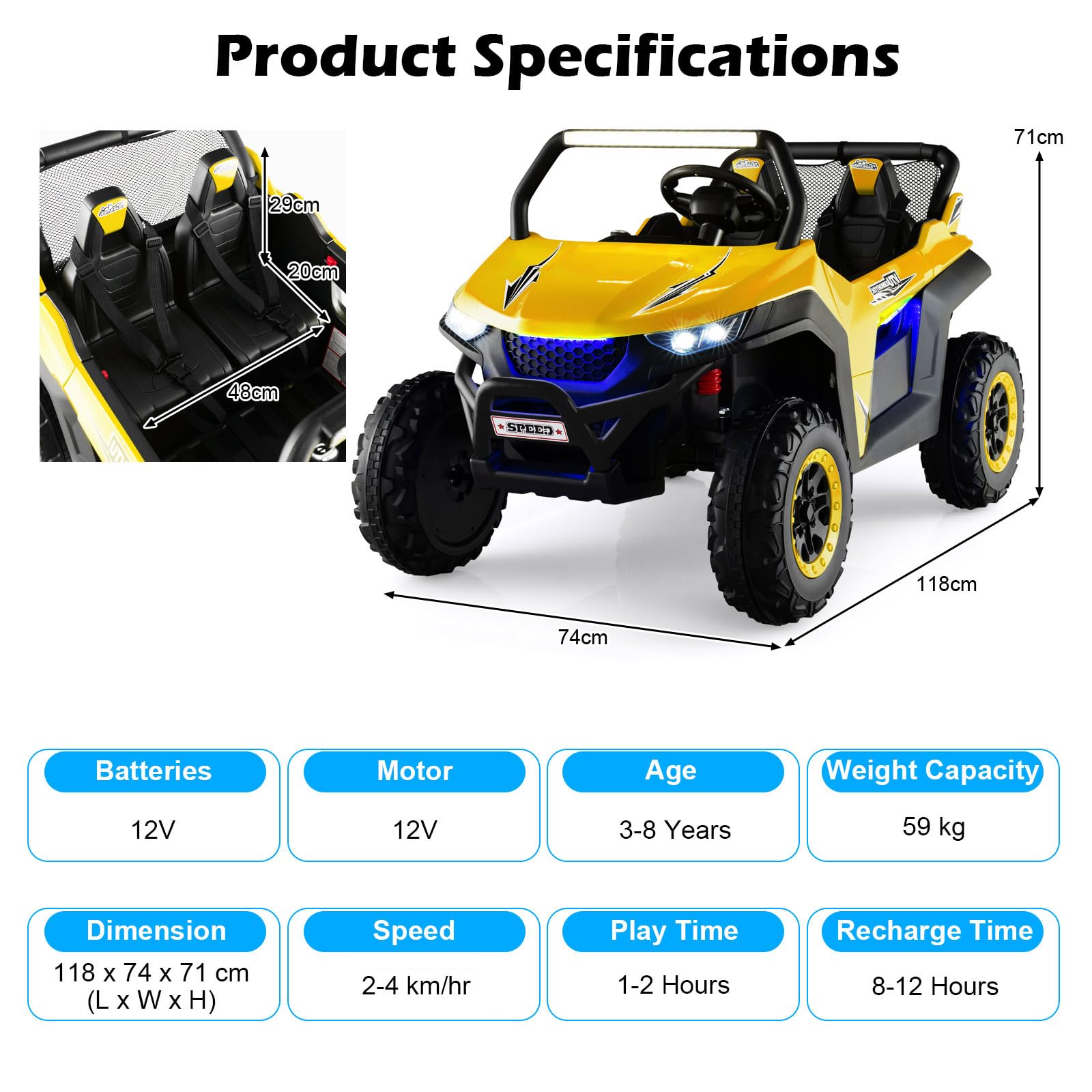 Kids Electric UTV, 2-Seater 12V Battery Powered Toy Car with Remote Control, Lights, Bluetooth, MP3, USB, FM, High/Low Speed & Suspension Spring, Children Ride on Car for 3-8 Years Old (Yellow)