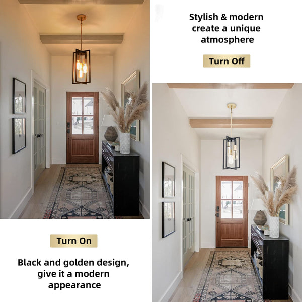 Industrial Farmhouse Pendant Lights,Rectangle 3-Light Modern Black and Golden Chandelier,Geometric Metal Cage Adjustable Rods Pendant Lighting Fixture