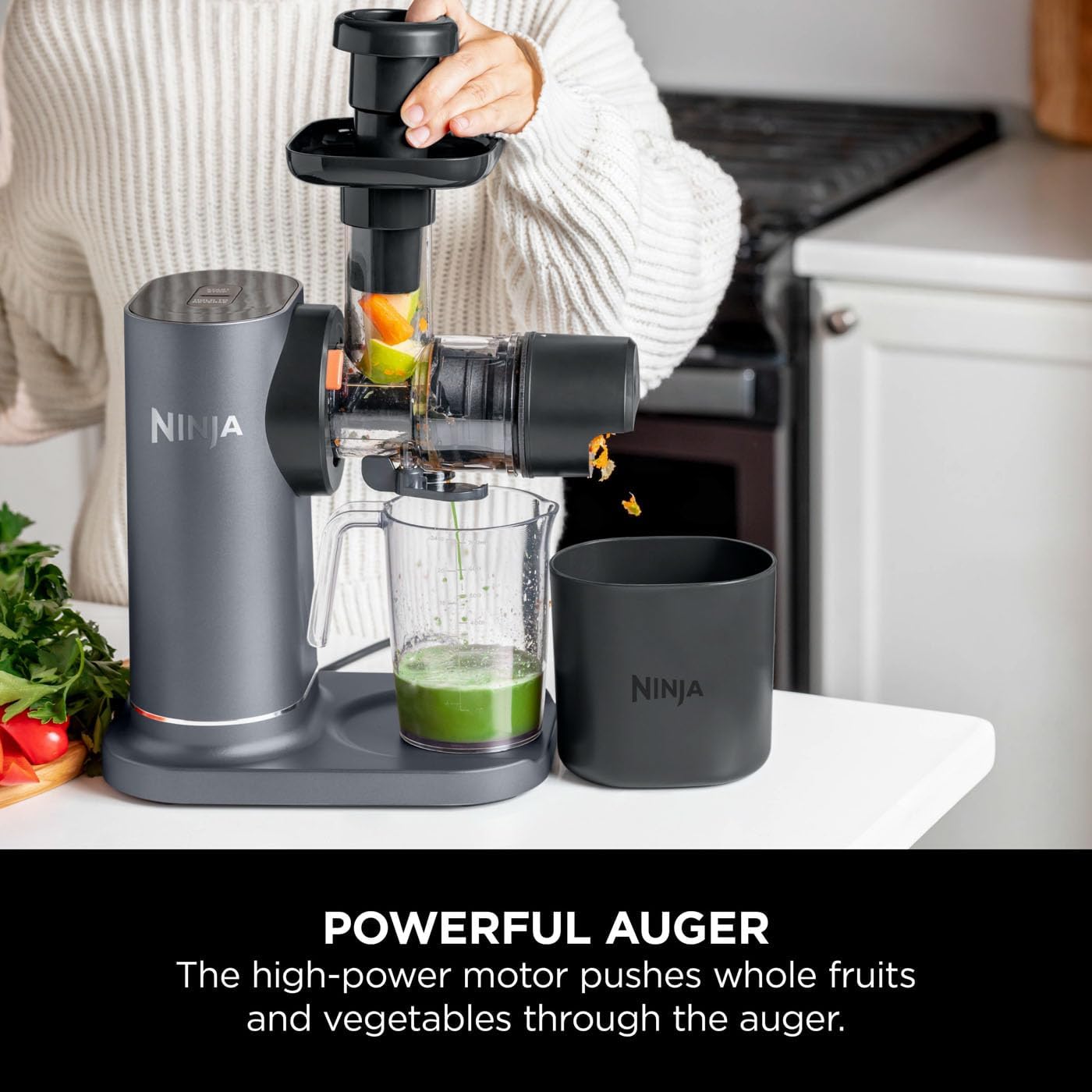 Ninja Cold Press Juicer Machine with 700ml Jug & 1.1L Pulp Container, Make Fresh Juices, Drinks & Wellness Shots, Compact, Dishwasher Safe & Removeable Parts, Grey JC151UK