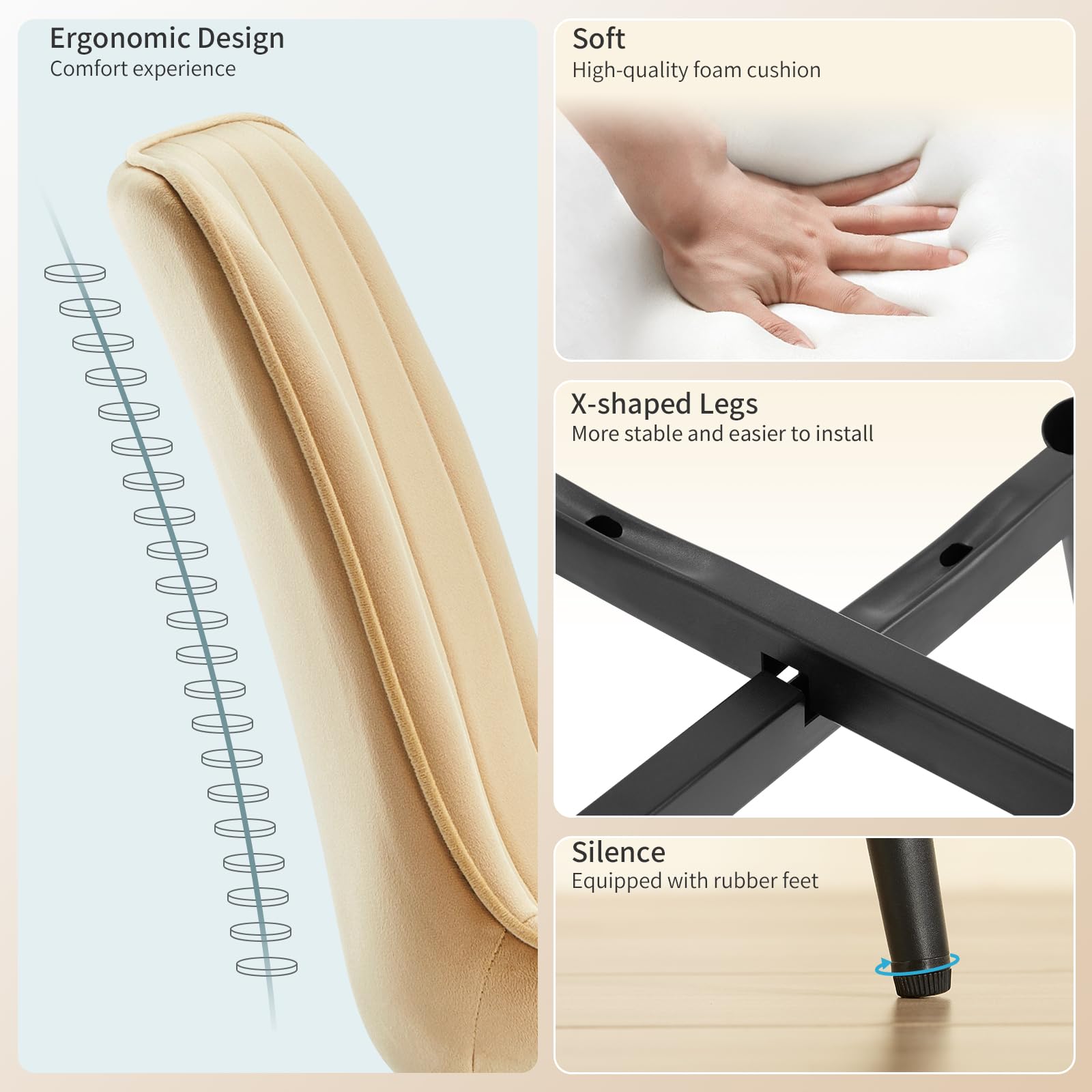 LONGTOO Set of 6 Dining Chairs with Velvet Upholstered Seat & Backrest,Stable Metal Legs,Modern Stripe Design,Champagne