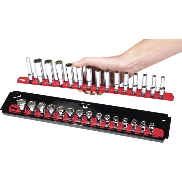 Ernst Manufacturing - 8453 Socket Boss 2-Rail 3/8-Inch-Drive Socket Organizer, 19-Inch, Red - Socket Storage Tray and Organization System for Mechanics and Automotive Service Technicians