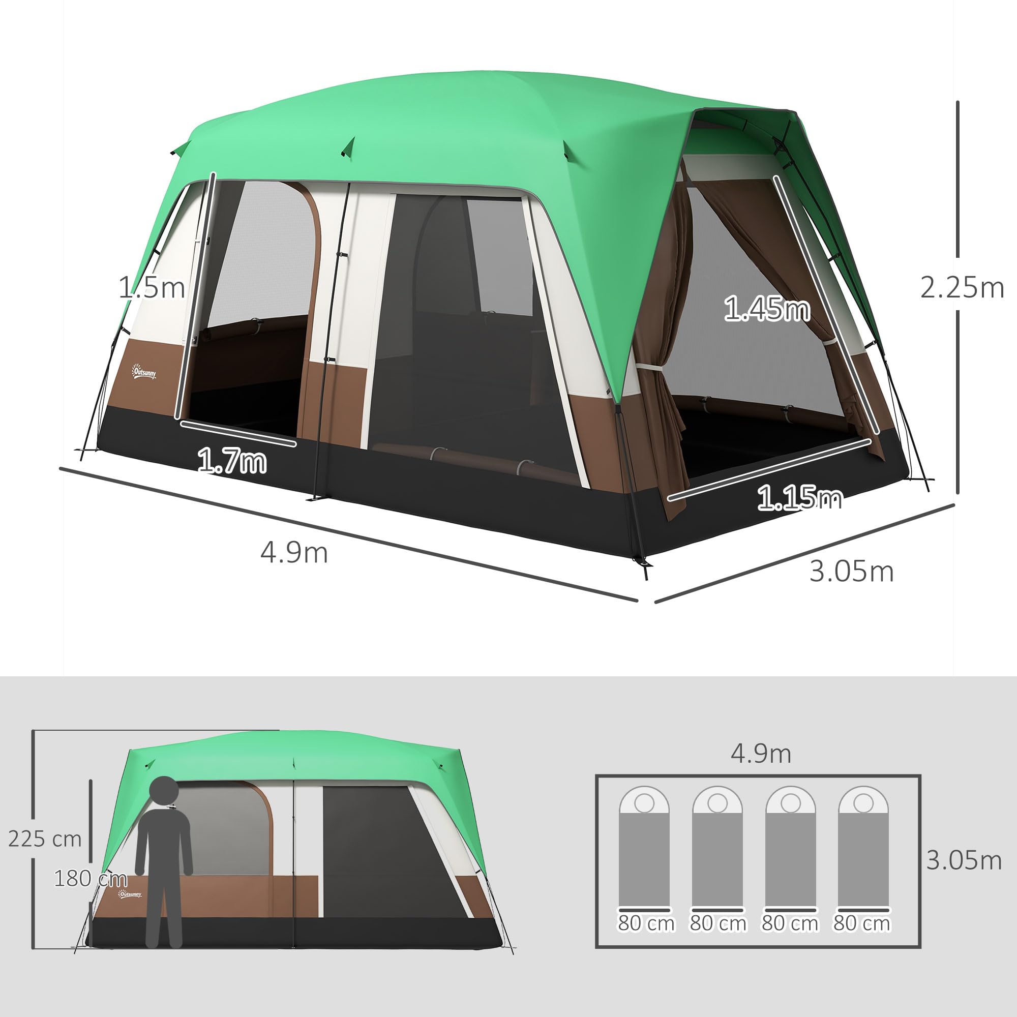 Outsunny 6-7 Man Camping Tent with 2 Rooms, 3000mm Waterproof Family Tent with Sewn in Groundsheet and Top Light Hook, Portable with Bag, for Fishing Hiking Festival