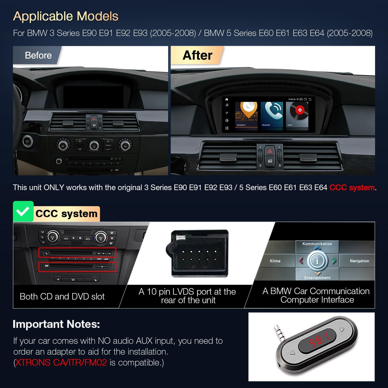 XTRONS 8.8" Car Stereo Android Octa-Core 4+64GB for BMW 3 Series E90 E91 5 Series E60 E61 (2005-2008) w CCC system Touch IPS Screen GPS navigation, w 4G LTE CarAutoPlay Android Auto Support AHD Camera