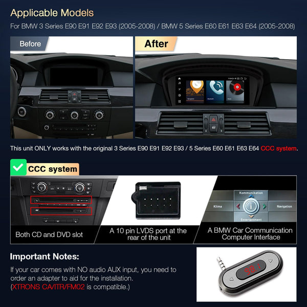 XTRONS 8.8" Car Stereo Android Octa-Core 4+64GB for BMW 3 Series E90 E91 5 Series E60 E61 (2005-2008) w CCC system Touch IPS Screen GPS navigation, w 4G LTE CarAutoPlay Android Auto Support AHD Camera