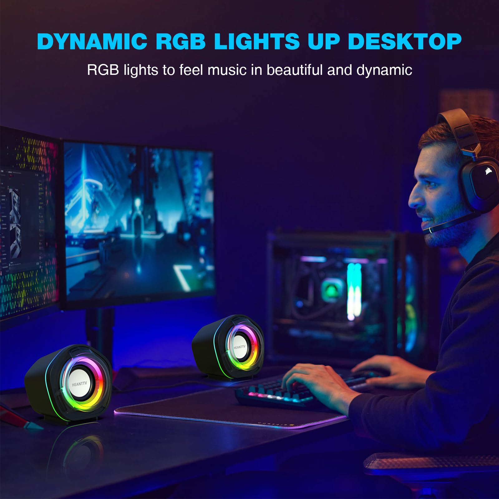 HEANTTV Computer Speaker, PC Speakers for Desktop Monitors, 2.0 Stereo Volume Control with LED Light, USB Powered & 3.5 mm jack, Perfect Multimedia Speakers for Monitors, Computer, Laptop,Smartphones