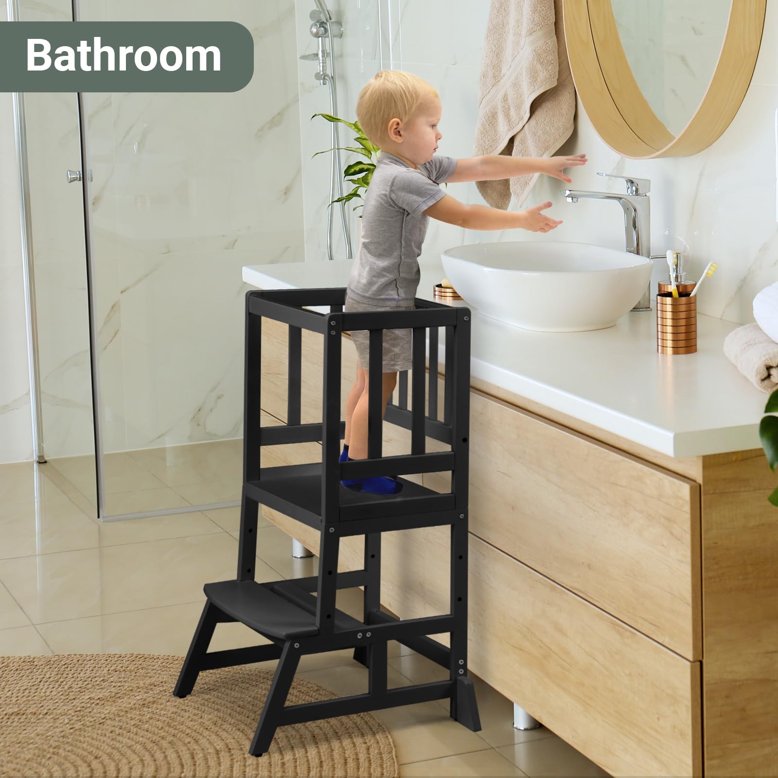 COSYLAND Height Adjustable Kids Kitchen Step Stool with Anti-tip Support Corners - Kids Standing Tower for Kitchen Counter, Bathroom, Nursery (Black)