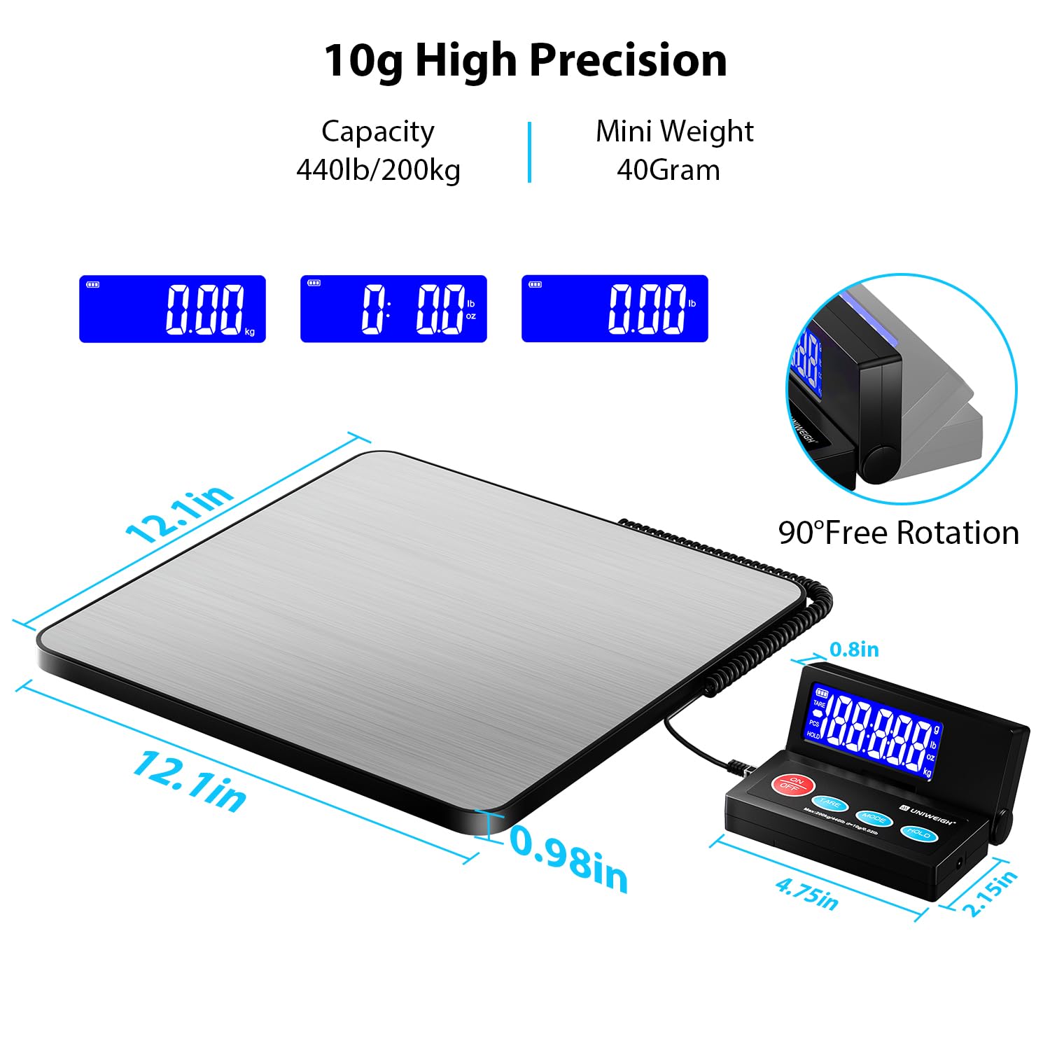 UNIWEIGH Shipping Postal Scale,440lb/10g Accuracy Commercial Weight Scale with Durable Stainless Steel Large Platform,Heavy Duty Postage Scale for Package,Luggage,Mail,Warehouse,Small Business,Home