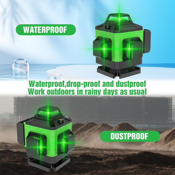 Laser Level Self Leveling 4 x 360°, 4D 16 Lines Green Professional Laser Level with 2 Batteries, Adjustable Brightness Pulse Mode, Swivel Base Remote Control Wall Bracket (with Tripod Base)