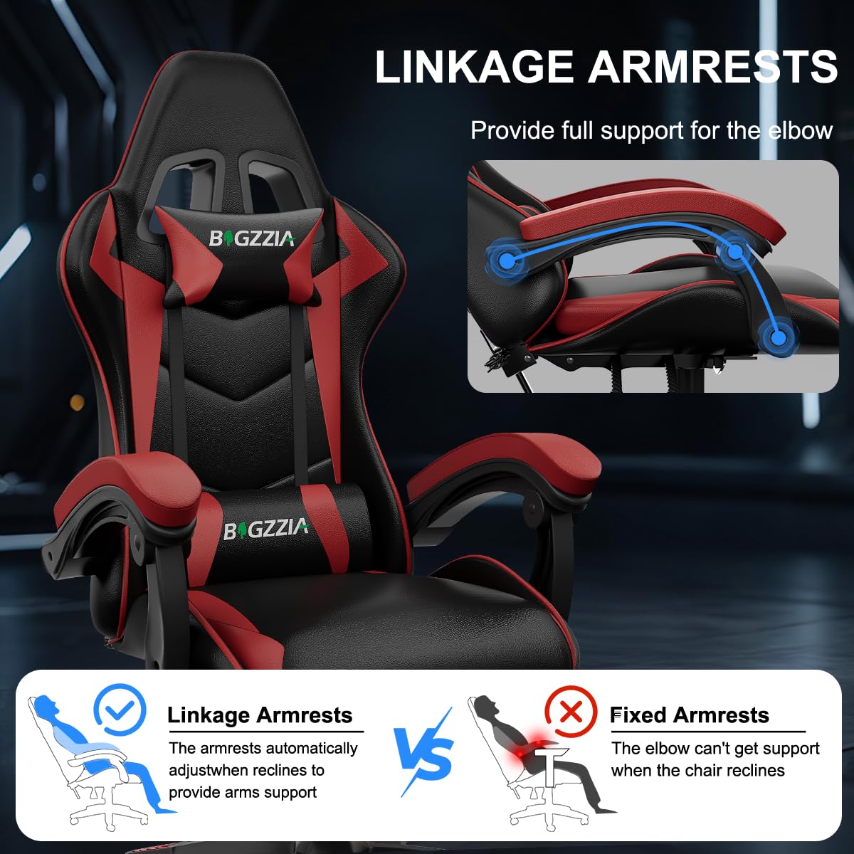 bigzzia Ergonomic Gaming Chair - Gamer Chairs with Lumbar Cushion + Headrest, Height-Adjustable Office & Computer Chair for Adults (without footrest, White)