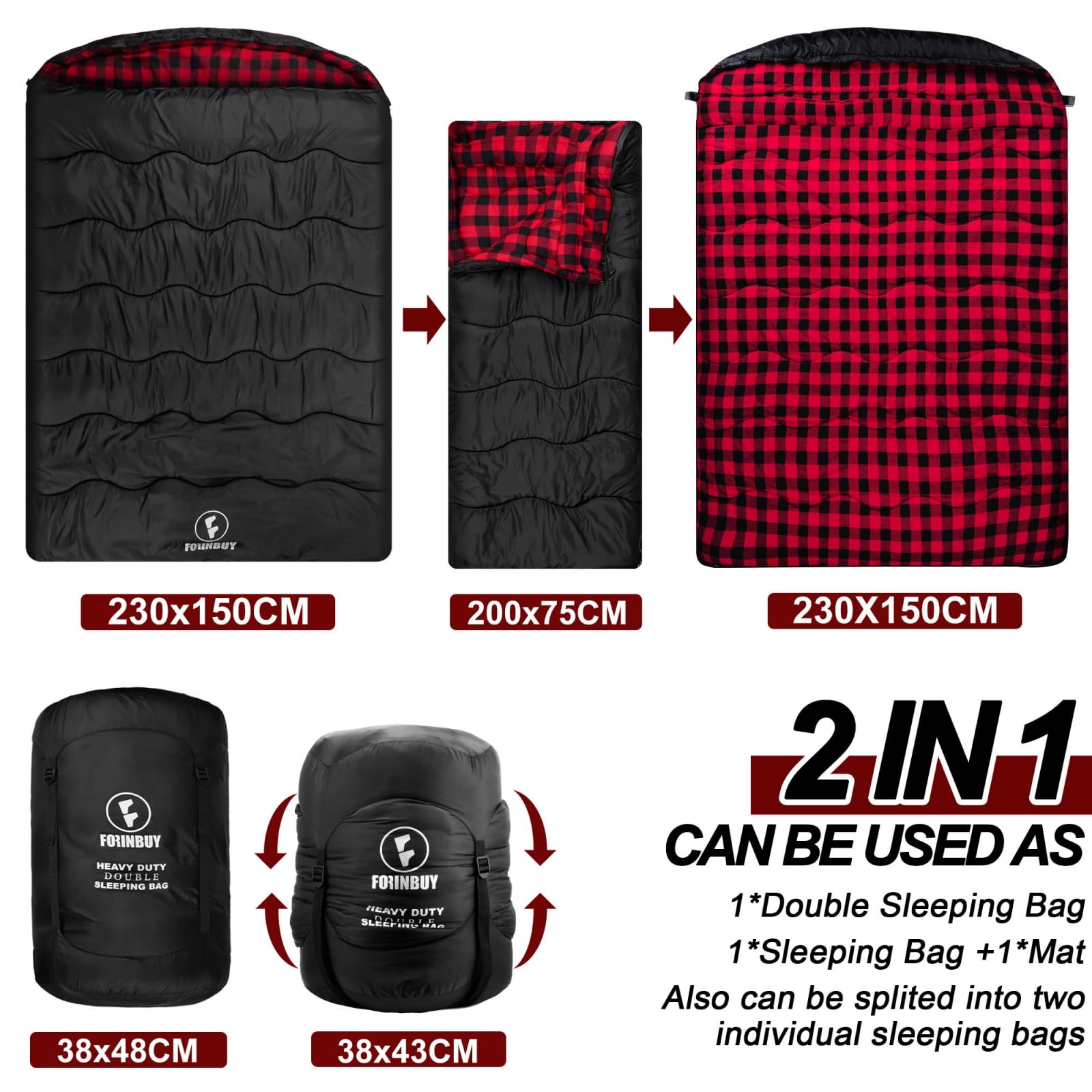 FORINBUY Winter Cotton Flannel Double Sleeping Bag for Adults - 0 degree Queen Size 2 Person Sleeping Bag, Waterproof & Warm for Cold Weather, Ideal for Couples, Family Camping & RV Travel