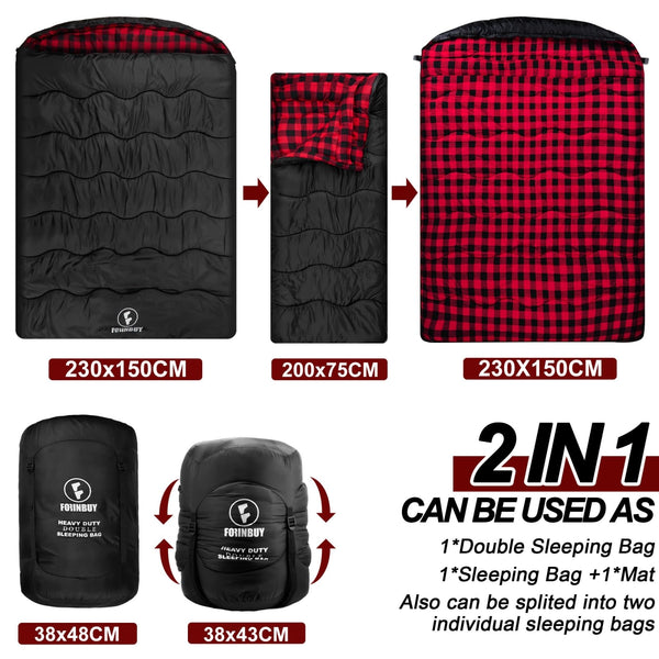 FORINBUY Winter Cotton Flannel Double Sleeping Bag for Adults - 0 degree Queen Size 2 Person Sleeping Bag, Waterproof & Warm for Cold Weather, Ideal for Couples, Family Camping & RV Travel