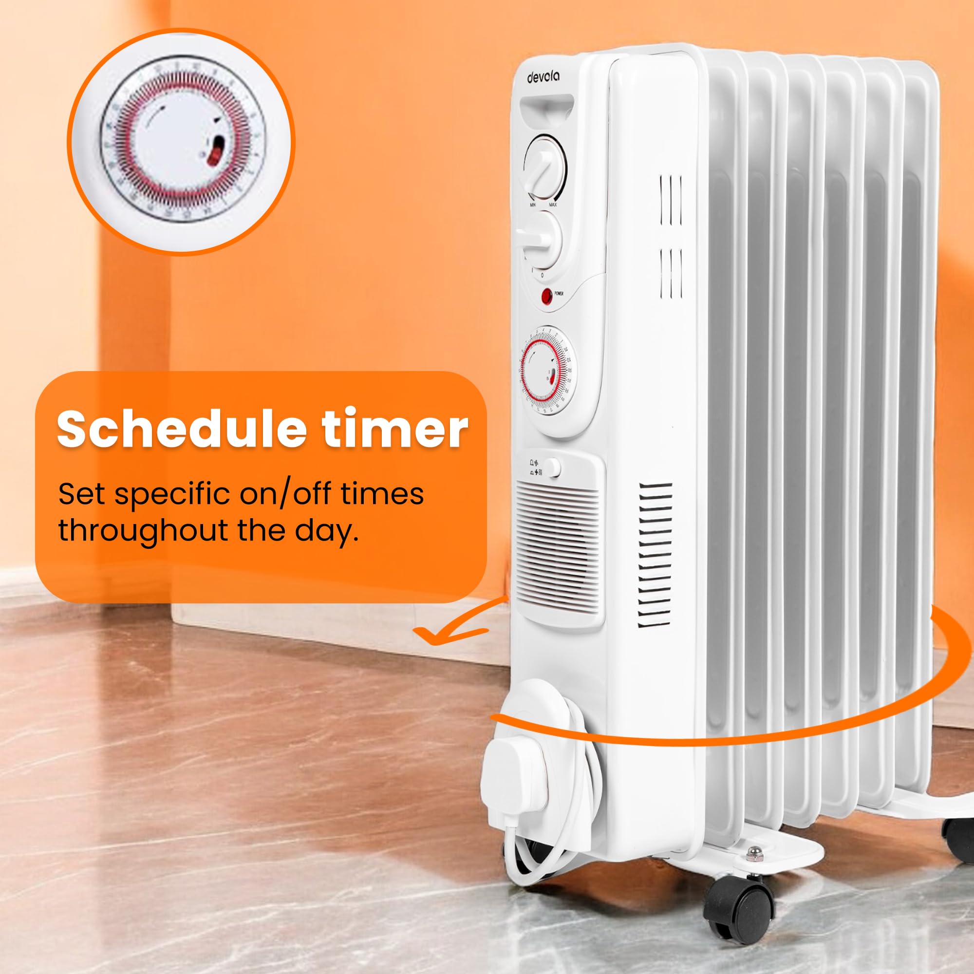 Devola 1500W 5 Fin Oil Filled Radiator, Low Energy Electric Heater with Thermal Fuse for Overheat Cut Off, Adjustable Heating Dial, Turbo Heating Option via PTC Fan, 24 Hour Timer - DVSOR5F15W (White)