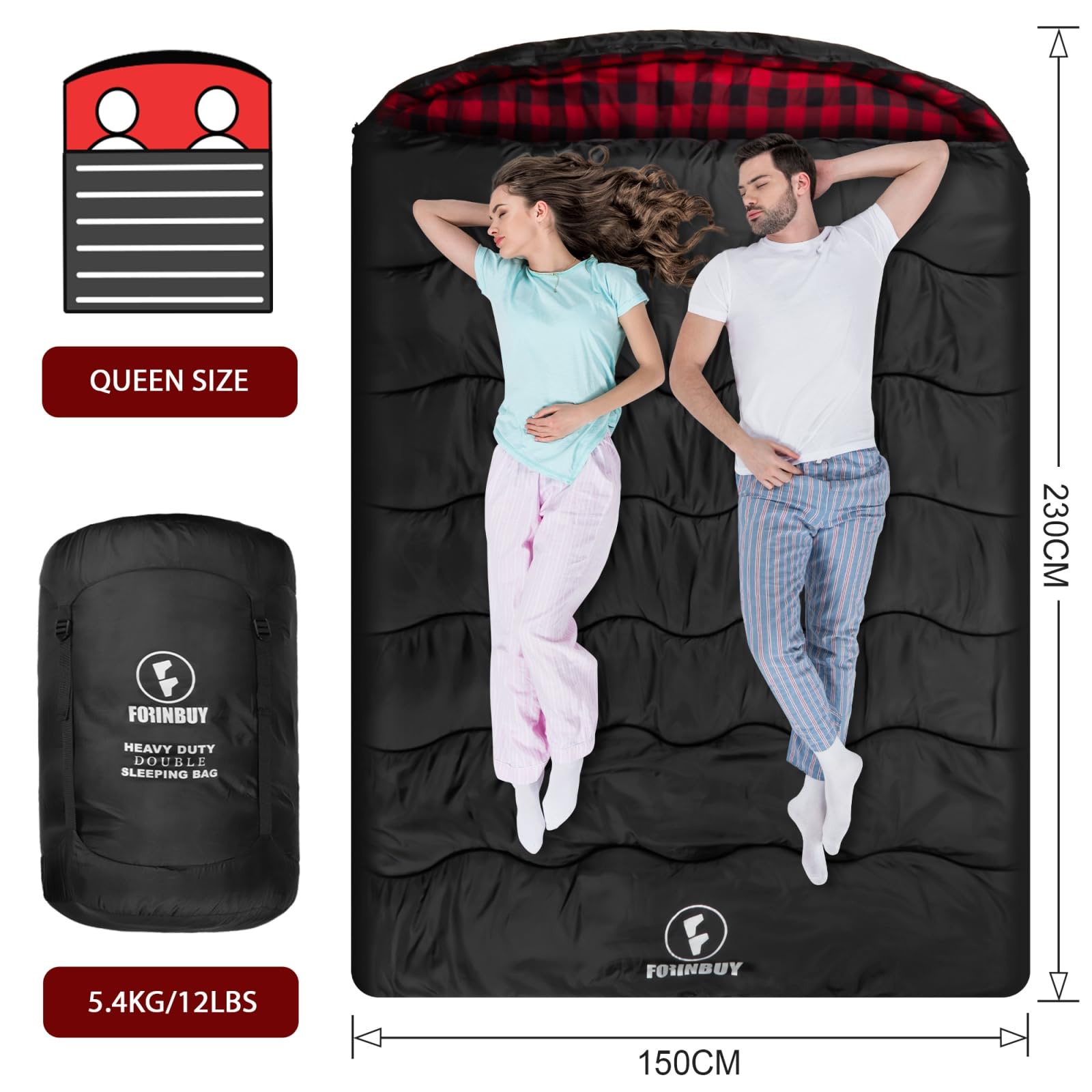 FORINBUY Winter Cotton Flannel Double Sleeping Bag for Adults - 0 degree Queen Size 2 Person Sleeping Bag, Waterproof & Warm for Cold Weather, Ideal for Couples, Family Camping & RV Travel