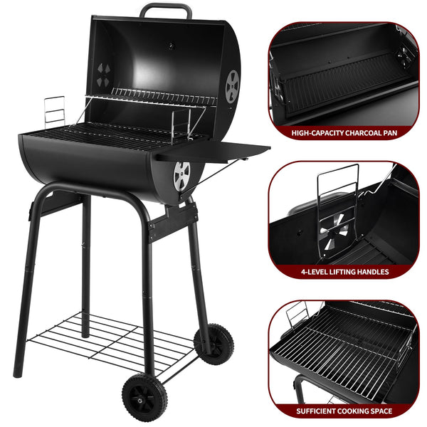Charcoal BBQ Grill Smoker with Side Shelves, Portable Barrel Barbecue Grill Outdoor with Temperature Gauge, Warming Rack, Stainless Steel Racks, and Air Vents for Camping and Garden