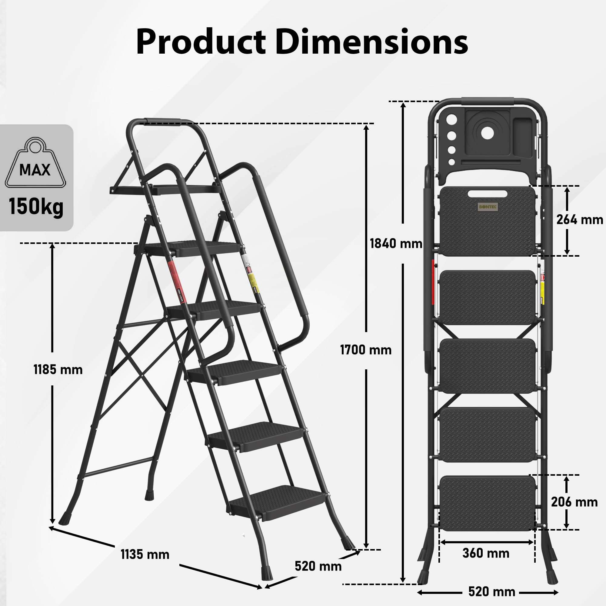 BONTEC 2 Step Ladder, Capacity 150KG with Wide Anti-Slip Pedals, Folding Steel Step Stool, Sponge Handlebar, Lightweight Portable Ladder Suitable for Home, Kitchen, Pantry, Indoor/Outdoor Use, Black