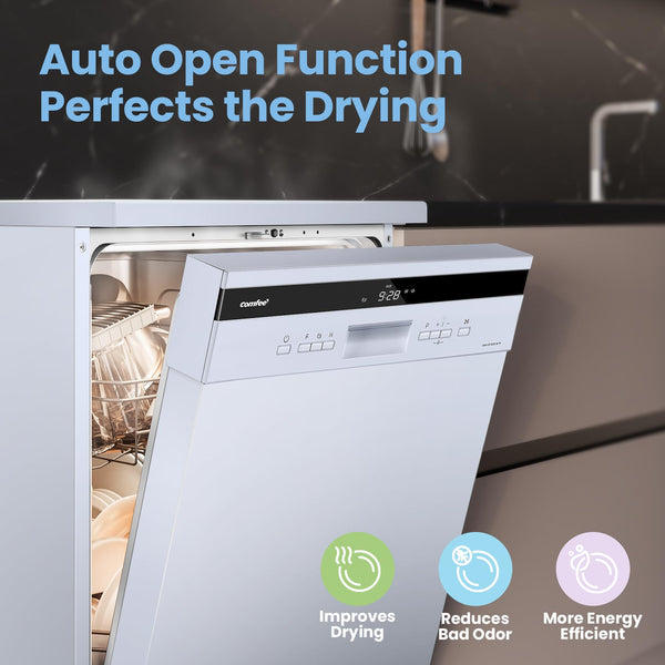COMFEE' Freestanding Dishwasher CDWEF1034BW-UK 45cm Width, Slimline Dishwasher with 10 place settings, Quick Wash, Hygiene Wash, Delay Start, Half Load, Adjustable Basket - White