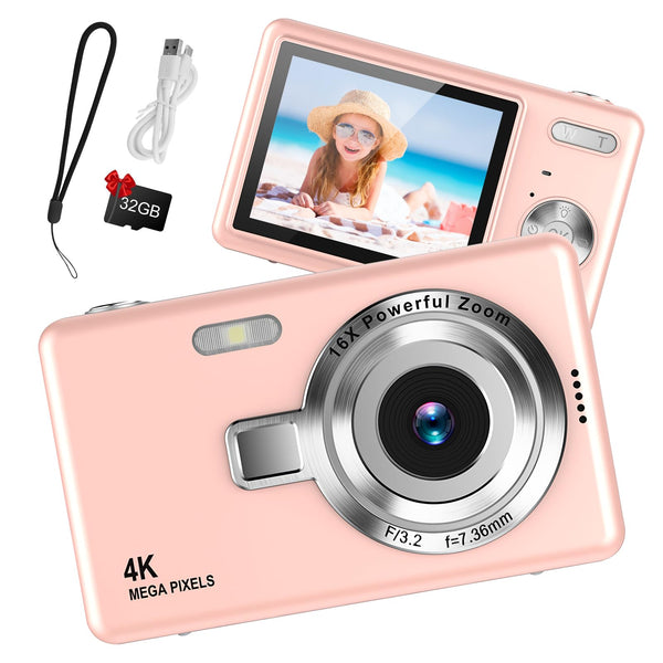 Digital Camera 1080P FHD 44MP with 2.4" LCD Screen,16X Digital Zoom, Compact Portable Vlogging Camera with 32gb SD Card for Kids Teen Students Beginner (Silver)