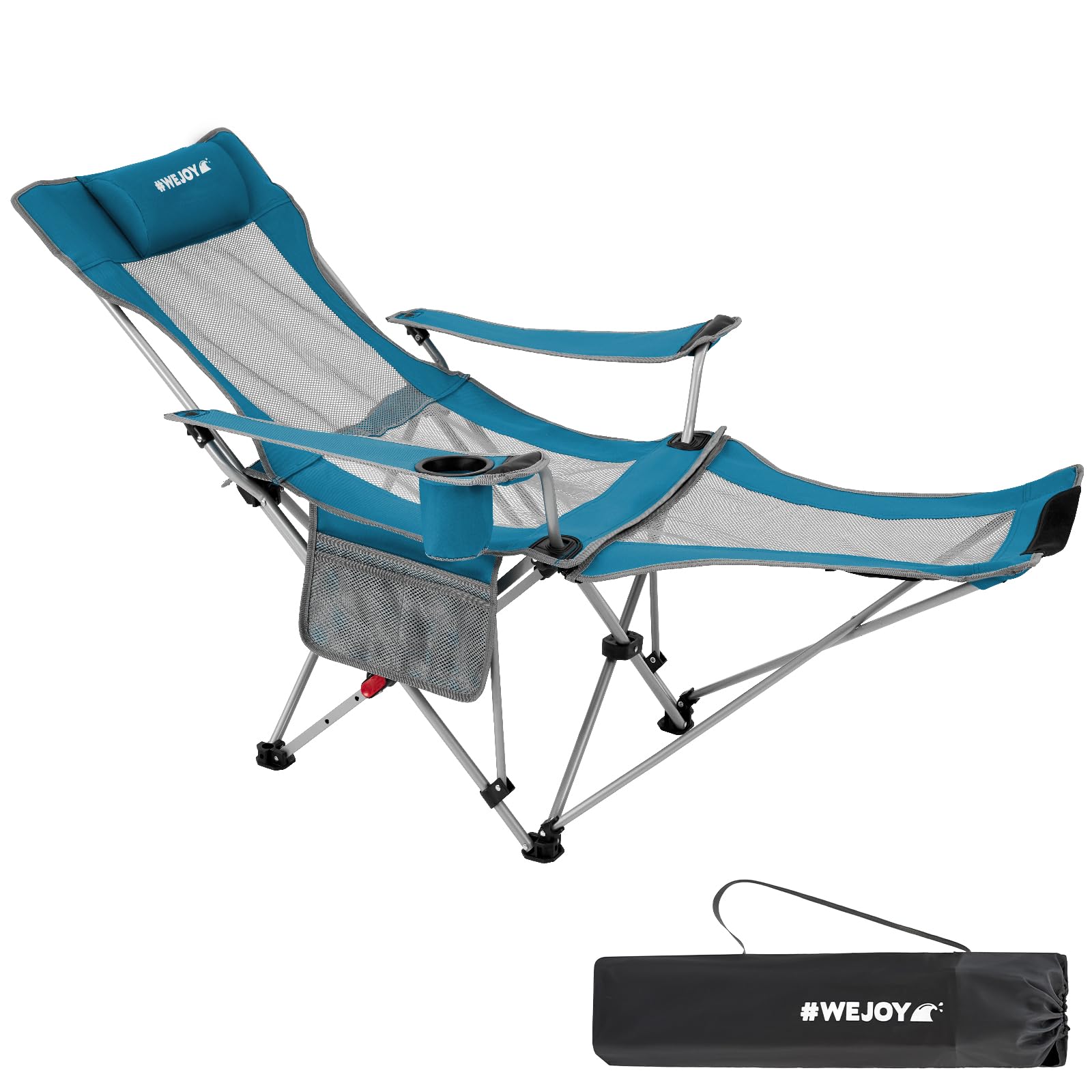 #WEJOY Camping Chairs Folding Recliner Chair Adjustable with Detachable Footrest Headrest Cup Holder Lightweight Portable Reclining Camp Chair Fold Up Chair for Outdoor Beach Garden, Cyan Set of 2