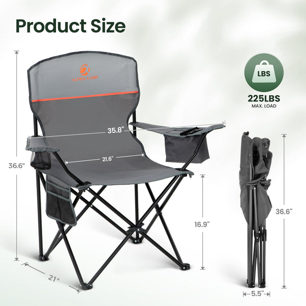 ALPHA CAMP Set of 2 Folding Camping Chairs with Cooler Bag & Cup Holder & Side Pocket Up to 120kg, Lightweight and Portable Camping Chair for Adults, Black