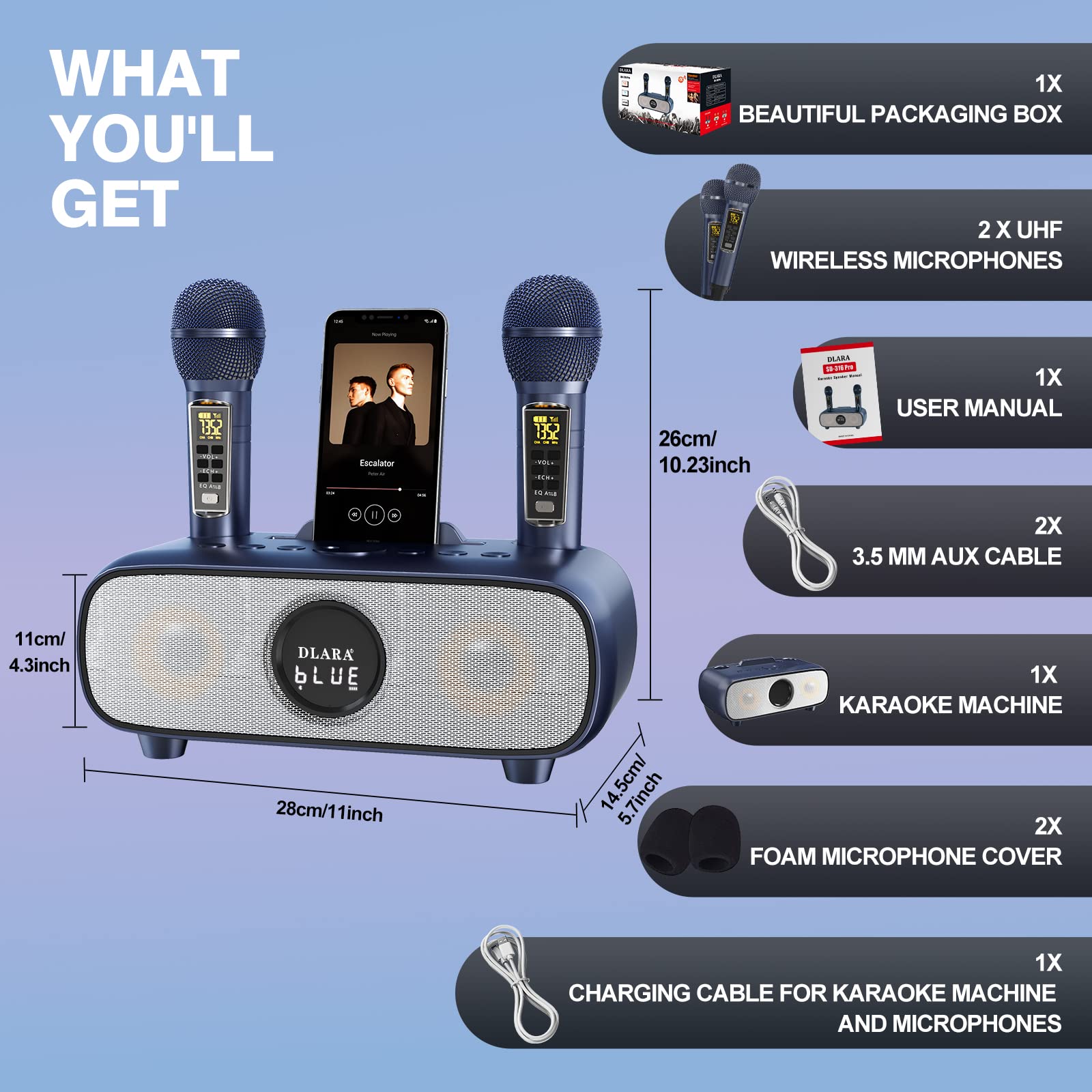 Upgrade Karaoke Machine for Adults and Kids,Portable Bluetooth 2 UHF Wireless Karaoke Microphone with Holder/USB/TF Card/AUX-in,PA Speaker System for Home Party, Picnic,Car,Outdoor/Indoor-Grey