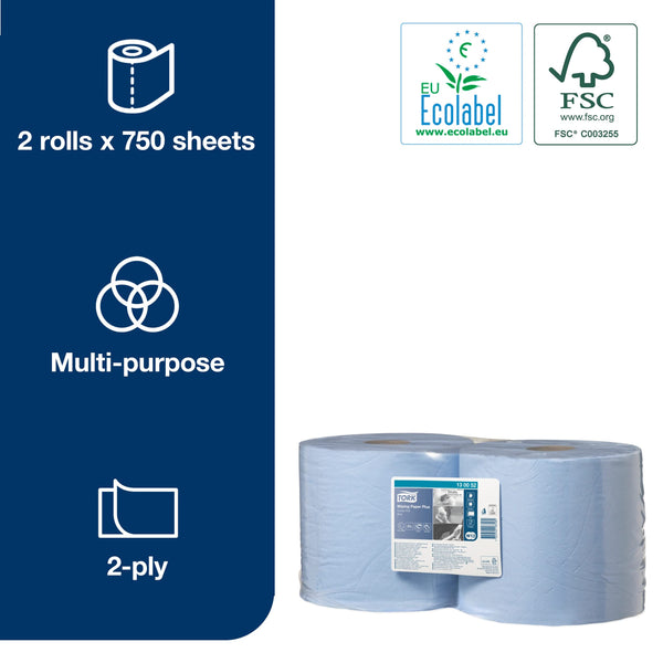 Tork 130070 Heavy-Duty Wiping Paper / 2 Ply Absorbent Paper Roll Suitable for Tork W1 Wipers Wall/Floor/Standard System / Blue / 1 x 340m / Ø 37.5cm