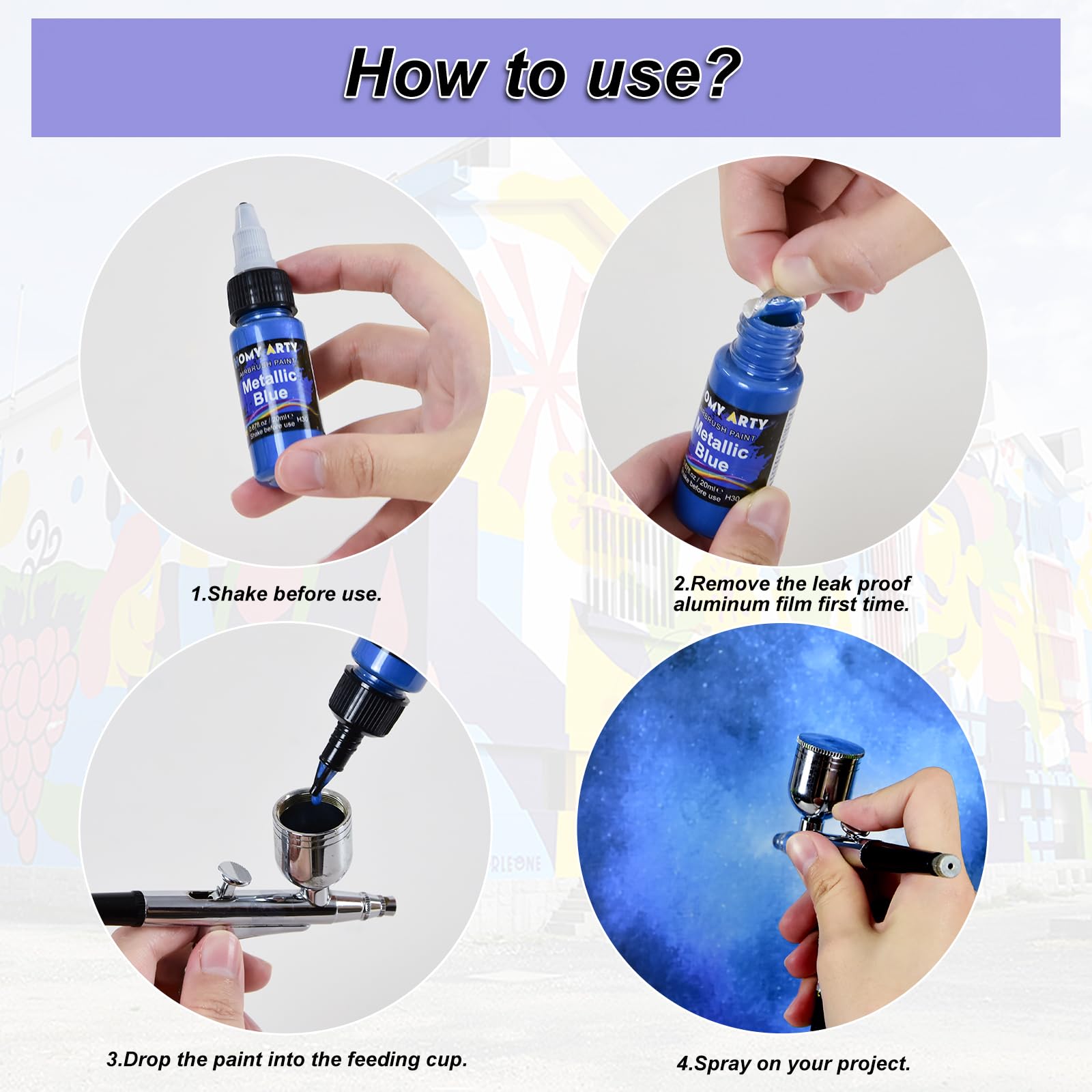 HOMY ARTY Airbrush Paint, 36 Colours with 4 Thinner Airbrush Paint Set, Water-Based Air Brush Colours, Ready to Spray, 20 ml/Bottle