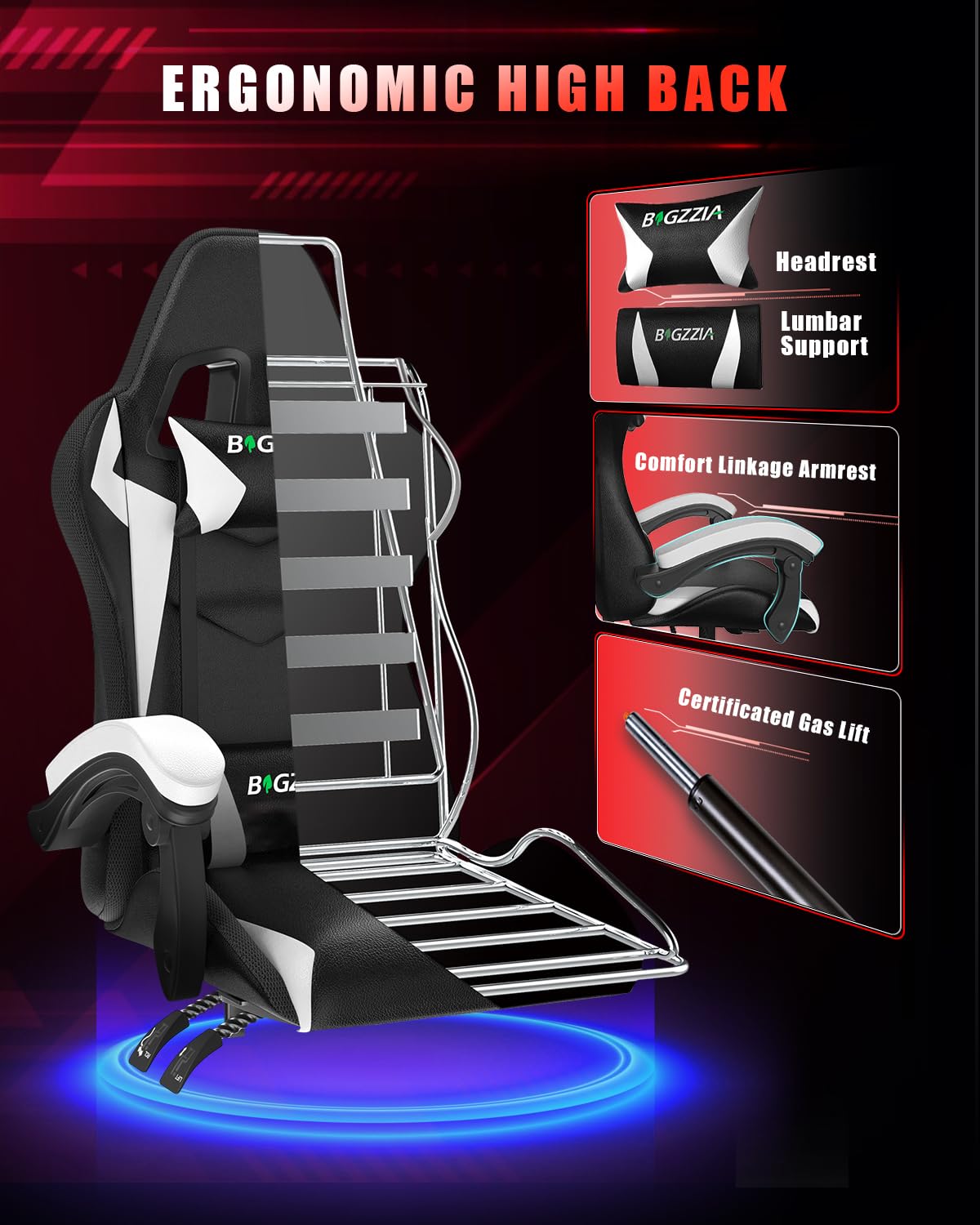 Racingreat Gaming Chair with Led Lights, Video Game Chair, Ergonomic RGB Gaming Chair for Adults, Height Adjustable Reclining Computer Chair with Headrest and Lumbar Support (With RGB, Black)