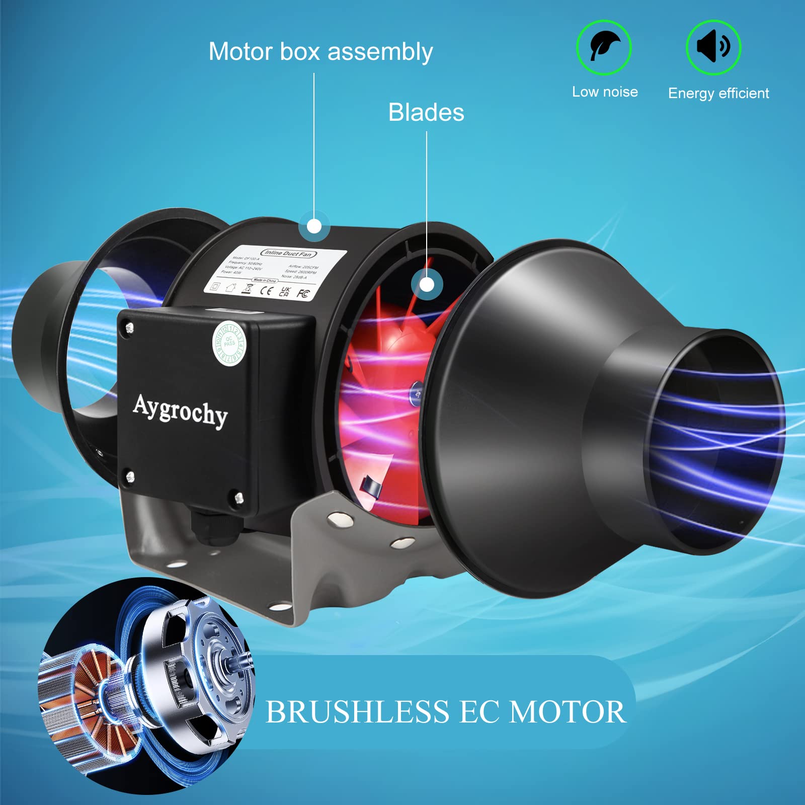 Aygrochy 6 inch Quiet Inline Duct Fan with Variable Speed Controller - Ventilation Exhaust Fan Using for Heating Cooling Booster, Grow Tents,