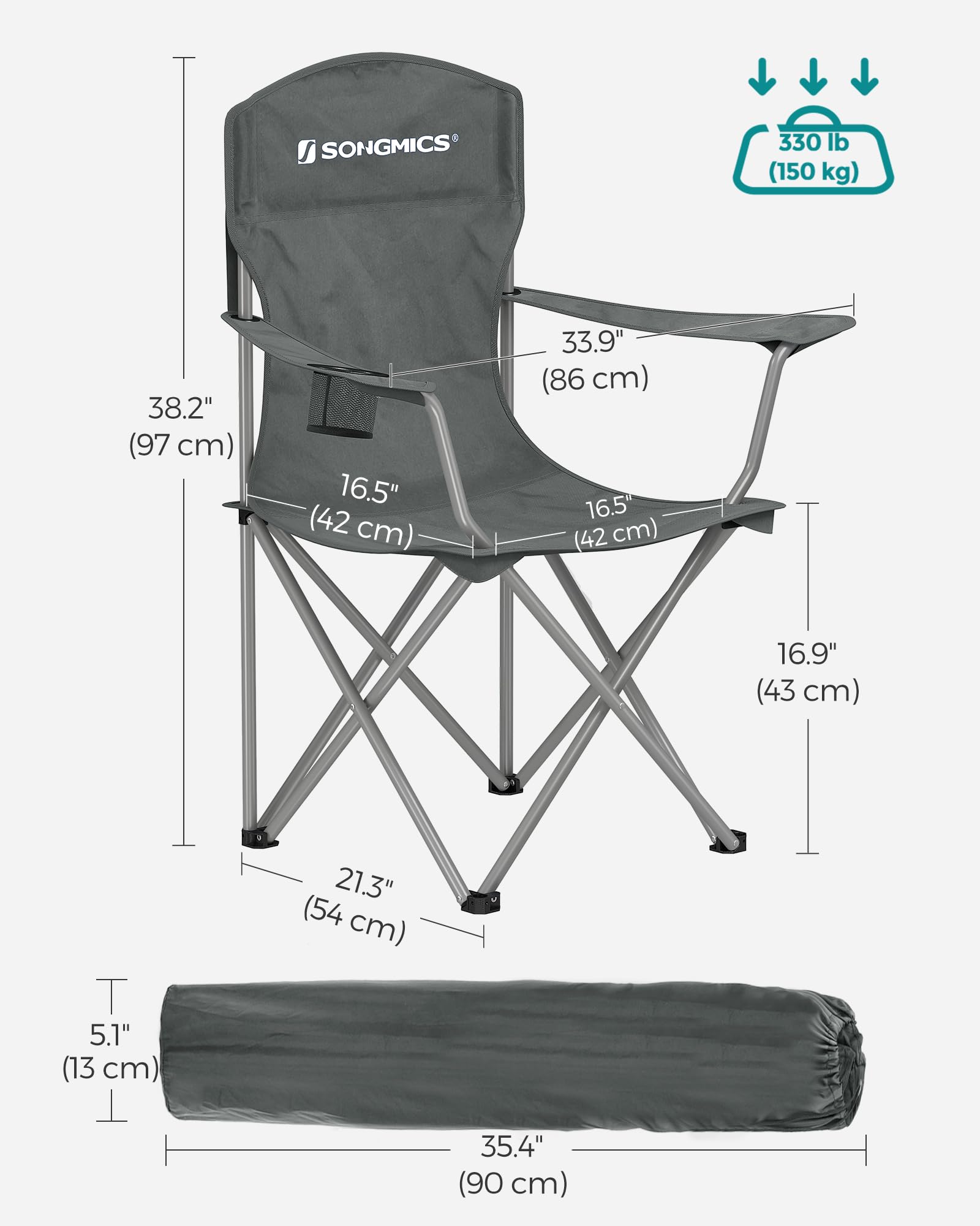 SONGMICS Set of 2 Folding Chairs, Camping Chairs, Comfortable Heavy Duty Structure, Max. Load 150 kg, with Drink Holder, Outdoor Chair