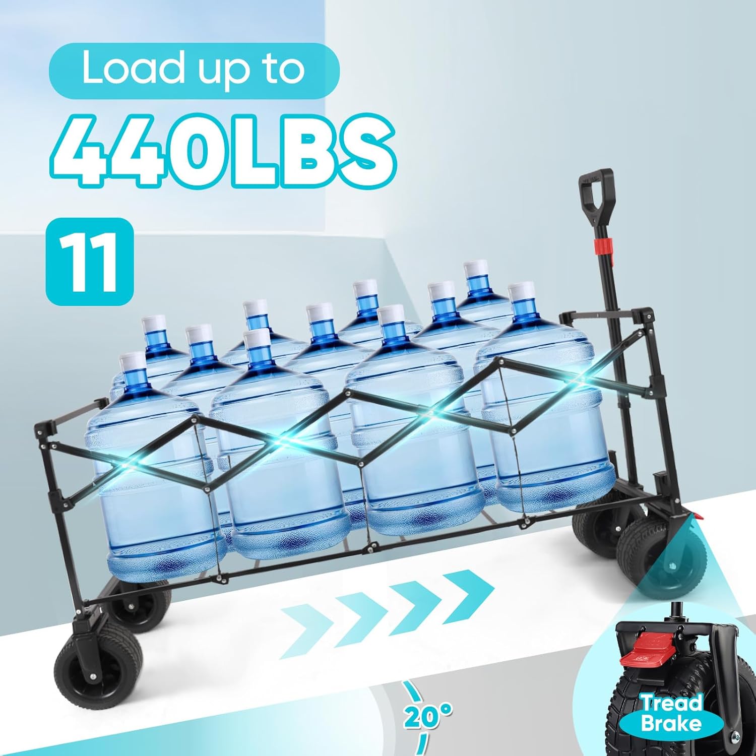 Sekey 400L Folding Beach Trolley, 440lbs Weight Capacity Heavy Duty Collapsible Festival Wagon Cart with Big All-Terrain Wide Wheels & Drink Holders, Foldable Outdoor Wagon for Garden Camping, Black