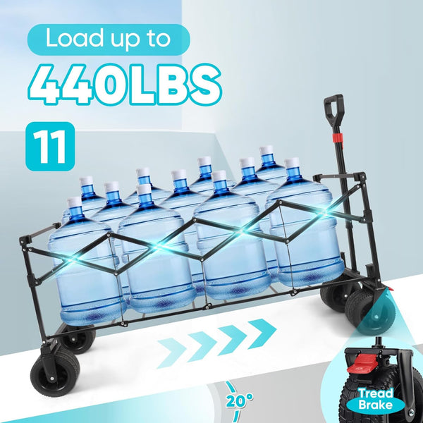 Sekey 400L Folding Beach Trolley, 440lbs Weight Capacity Heavy Duty Collapsible Festival Wagon Cart with Big All-Terrain Wide Wheels & Drink Holders, Foldable Outdoor Wagon for Garden Camping, Black