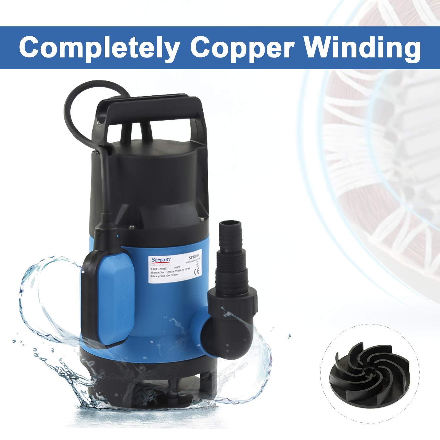 400W 7500L/H Submersible Water Pump with Hose, Water Pump to Empty Hot Tube with 10M Hose, Float Switch for Clean Dirty Water Garden Pond Pool Flooded Cellars