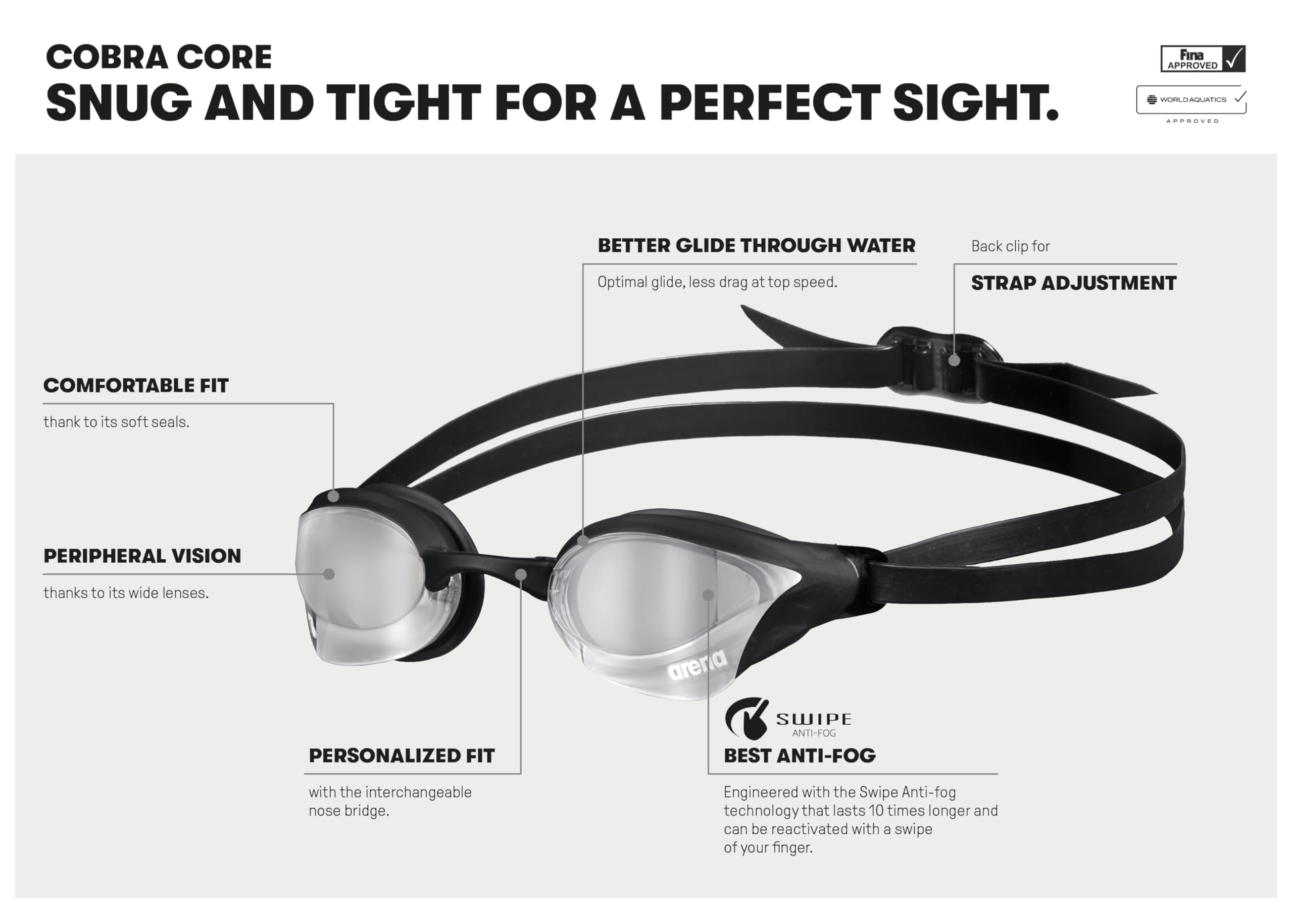 arena Cobra Core Swipe Mirror Unisex Adult Racing Swimming Goggles, Swimming Pool Goggles with Curved Mirror Lenses, Anti-Fog, UV Protection, 5