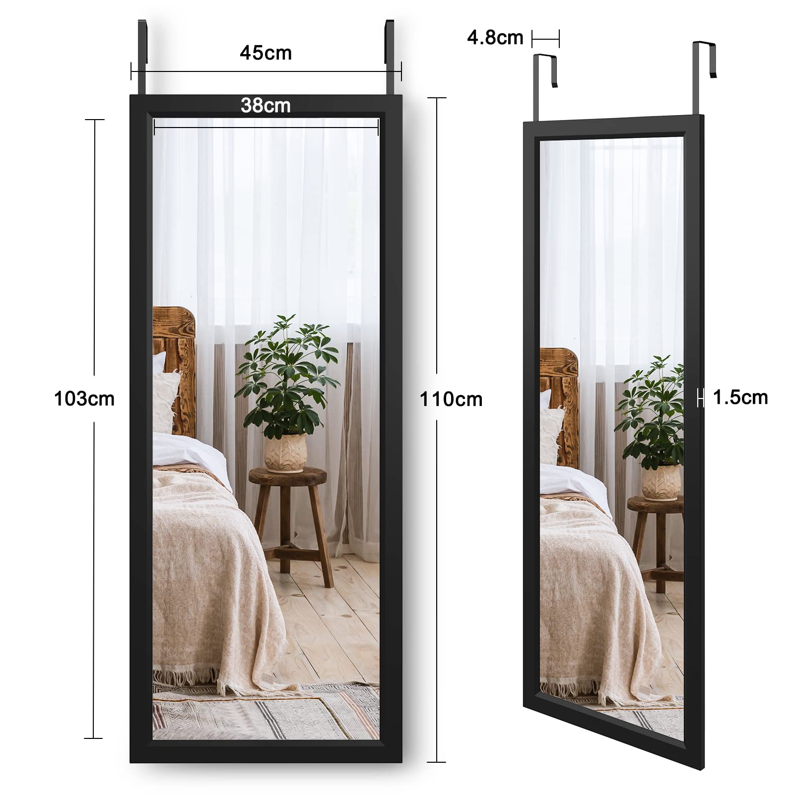 Dripex Over Door Mirror Full Length, 110 x 45cm Wall Mounted Mirror Door Hung Mirror for Bathroom/Bedroom/Wardrobe - Toughened Glass, Black