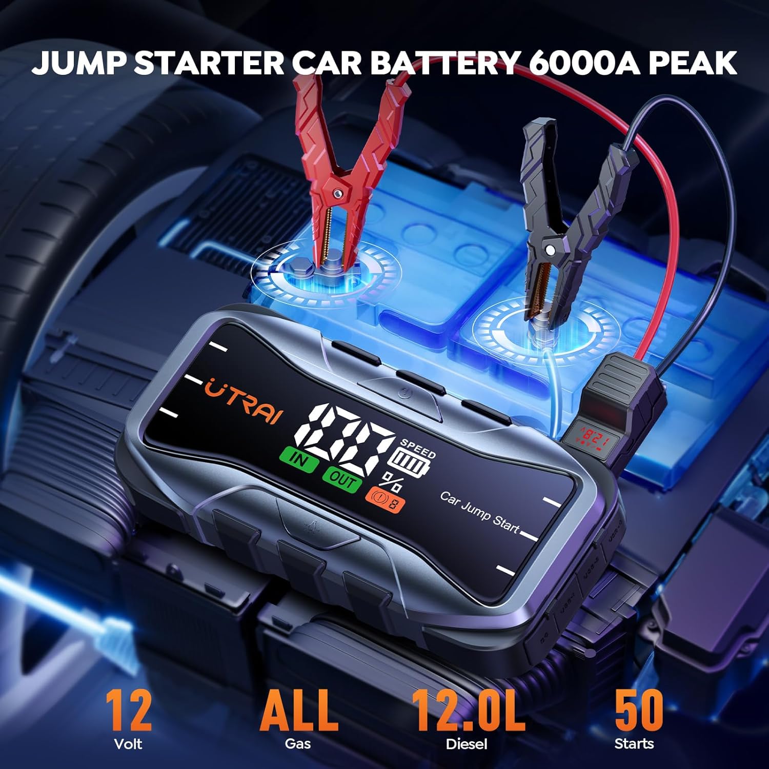 UTRAI 6000A Car Jump Starters,UTRAI 27000mAh Jump Starter Power Pack with 65W Fast Charging/160W DC Out/4 LED Flashlight Mode LCD Display Portable Car Battery Jump Starter Booster up to ALL Gas 12L Diesel