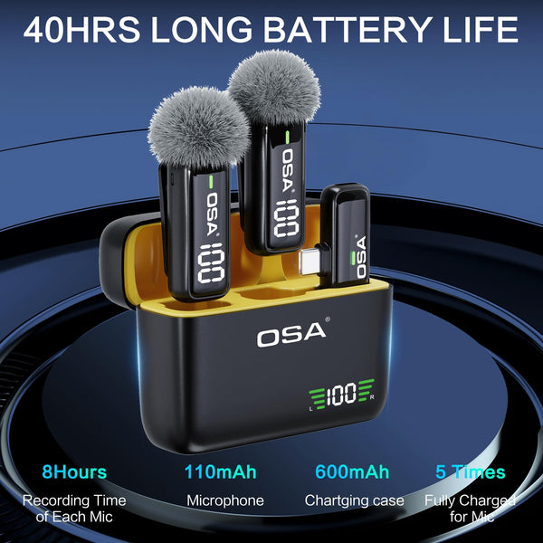 OSA Wireless Microphone for iPhone iPad with Smart Charge Case and Digital Display, 40H Clip on Wireless Lavalier Microphone with Noise Reduction for Video Recording, Plug & Play (2 Mic, 2 Recive)