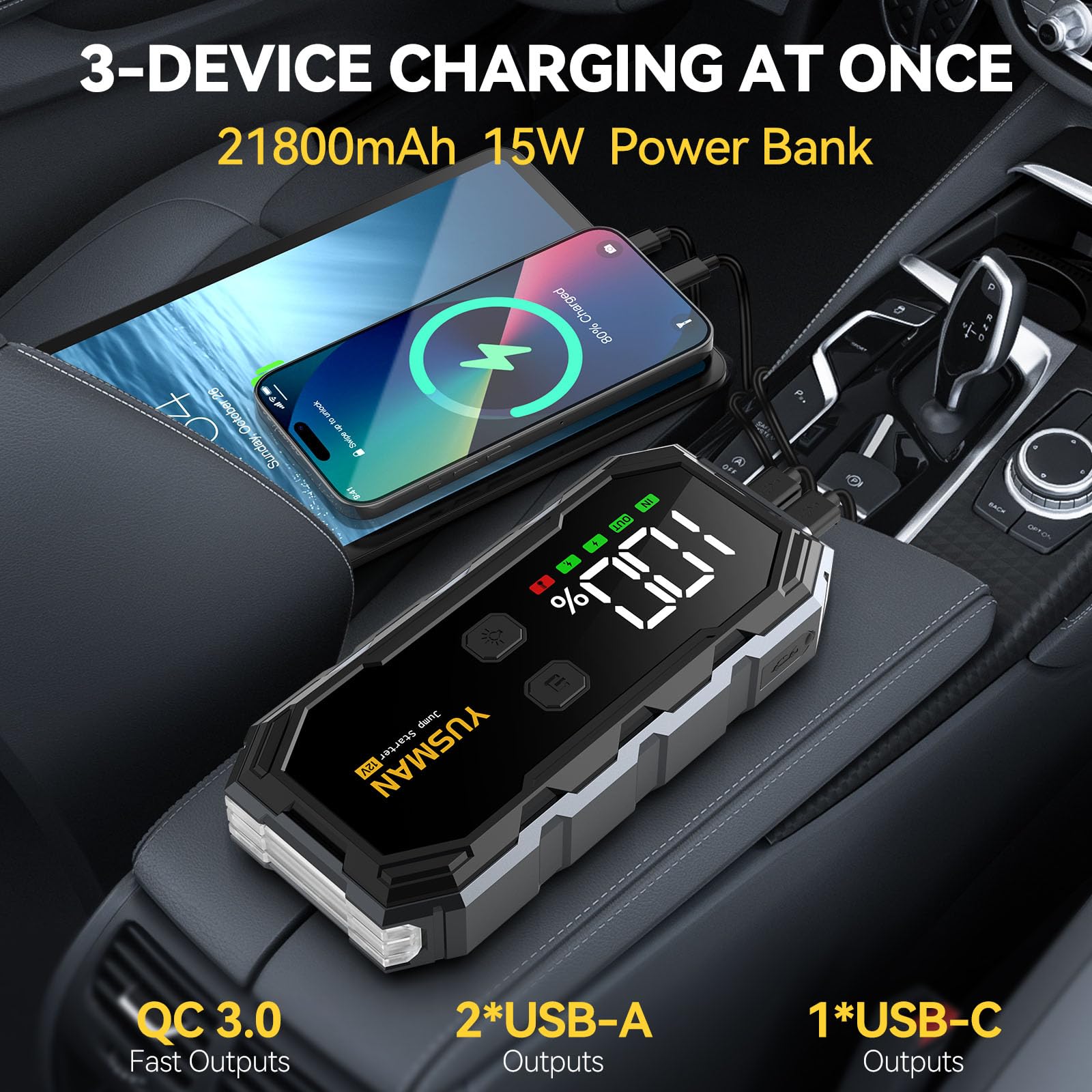 Jump Starter Power Pack, 12V Car Battery Booster, 5000A Portable Battery Pack (7.0 Gas/5.0L Diesel), Portable Jump Starter with Extended Smart Jump Cables, 3-Mode Lights