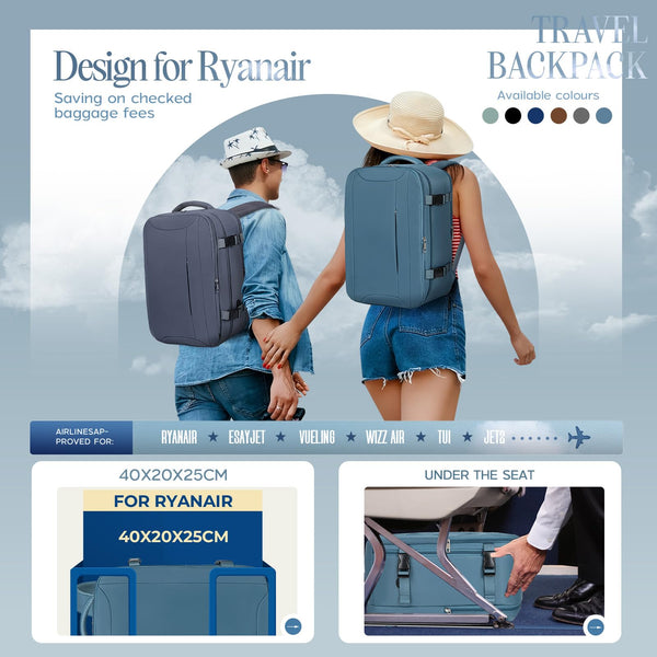 Xkdoai for Ryanair Cabin Bags 40x20x25, Travel Backpack with TSA Approved Clear Bag, Travel Bag Underseat Carry-ons Hand Luggage Bag for Travelling Casual Daypack for Ryan Air Plane