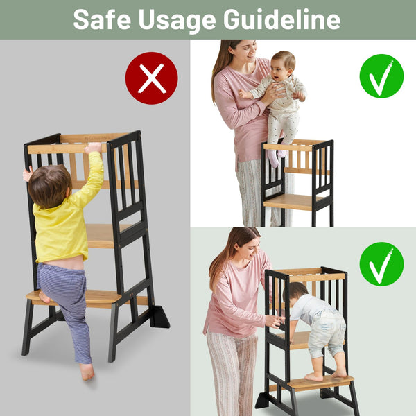 COSYLAND Height Adjustable Kids Kitchen Step Stool with Anti-tip Support Corners - Kids Standing Tower for Kitchen Counter, Bathroom, Nursery (Black)