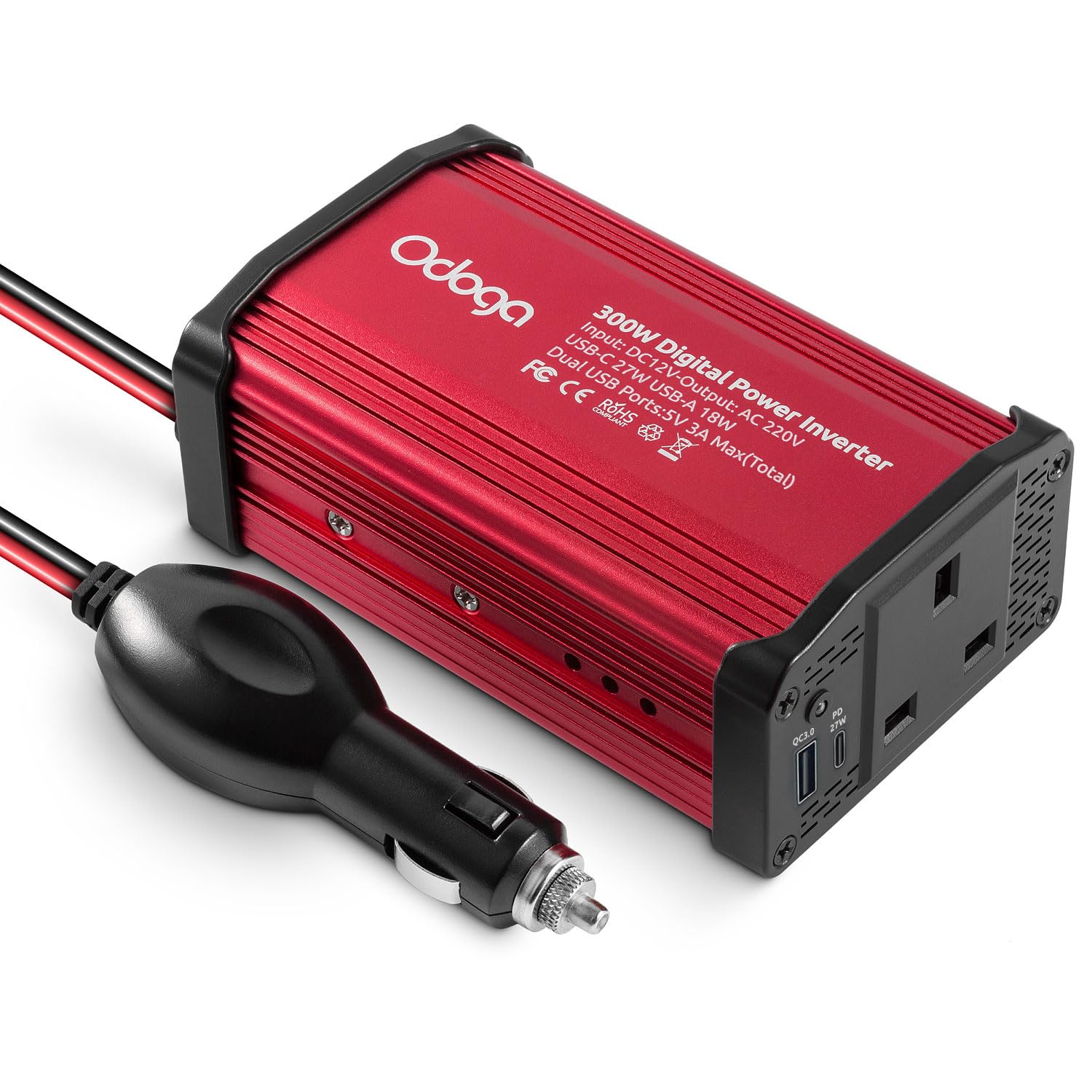 Odoga 300W Car Power Inverter 12V to 240V / 230V Converter, USB-A and USB-C 3A Charging Ports - Charge Your Laptop, iPad, iPhone, Tablet, Consoles & More - Durable and Powerful - Black Aluminum Body