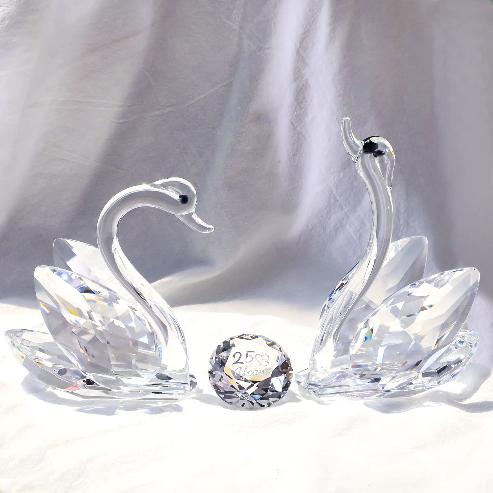 Double Crystal Swans Ornaments Wedding Gifts for Couple, Glass Animal Figurines Collectibles With Silver Diamond 25th Anniversary Wedding Presents for