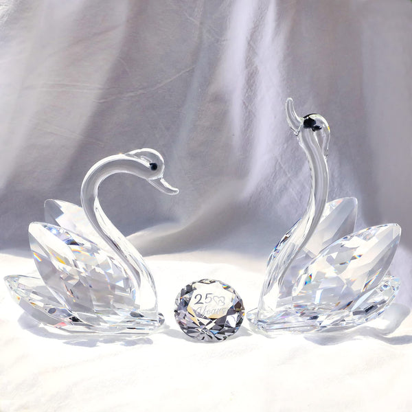 Double Crystal Swans Ornaments Wedding Gifts for Couple, Glass Animal Figurines Collectibles With Silver Diamond 25th Anniversary Wedding Presents for