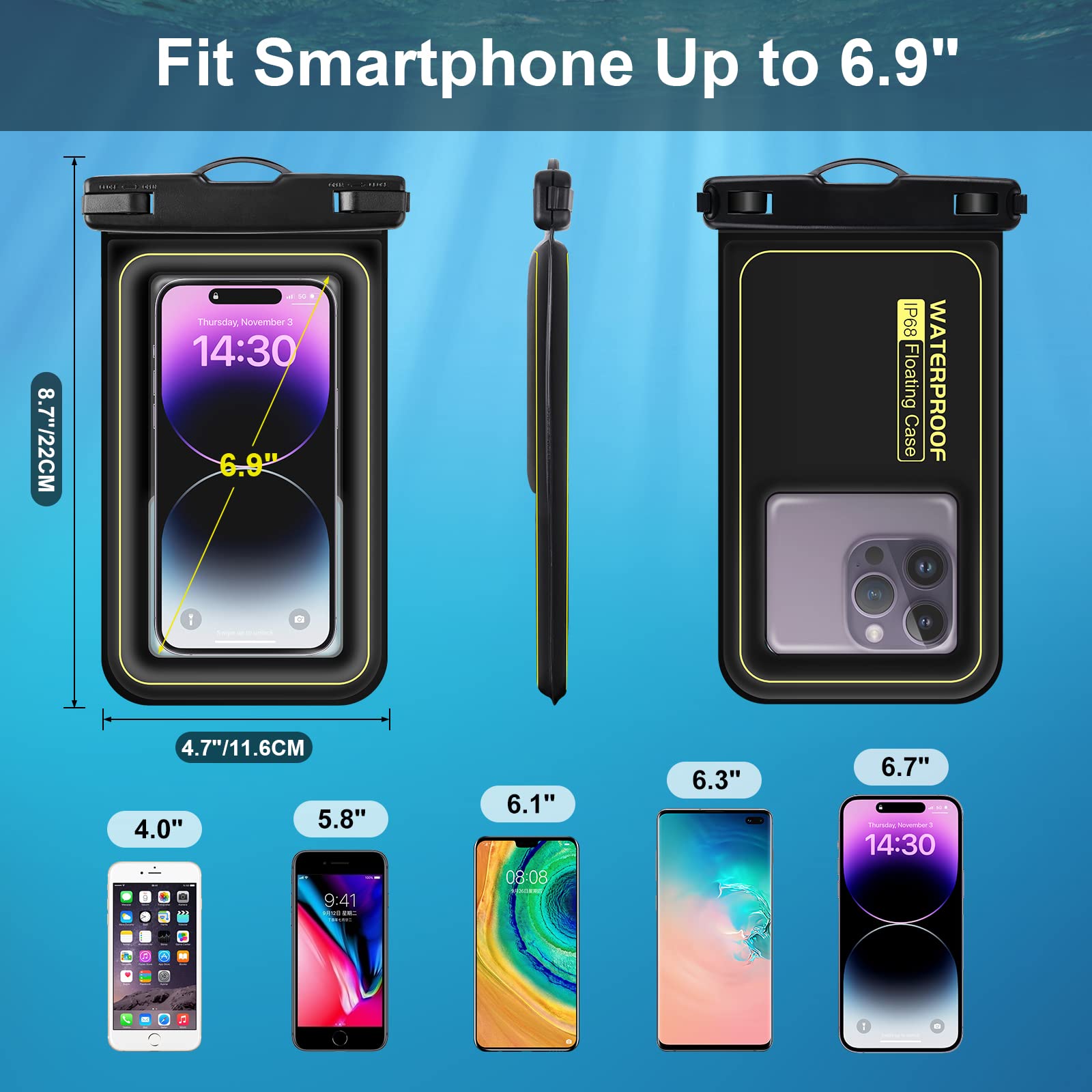 Floating Waterproof Phone Pouch, IPX8 Universal Waterproof Phone Case for Swimming Dry Bag Underwater for iPhone 16 Pro Max 15 Pro 14 Samsung S25 S24 S23 Ultra Huawei Xiaomi etc, Up to 6.9"