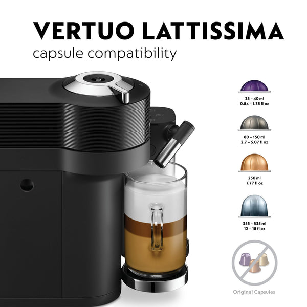 Nespresso Vertuo Lattissima Coffee Machine by De'Longhi for Vertuo Coffee Pods, Latte, Cappuccino, Integrated Milk Frother, Starter Capsule Set Included, ENV300.B, Black