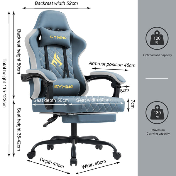 Symino Gaming Chair with Footrest, Computer Ergonomic Video Game Chair, Adjustable Swivel Task Chair with Lumbar Support, PC Chair, Office Chair PU Leather, Grey&White