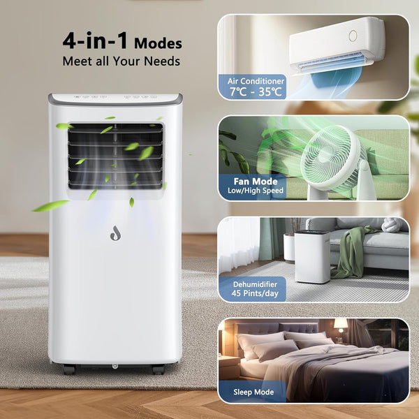 Air Conditioning Unit, Portable Air Conditioner with 4-in-1 Cooling & Fan & Dehumidifier & Sleep Mode Function, Air Conditioners with Digital Display & Remote Control, 24H Timer for Room up to 215 ft