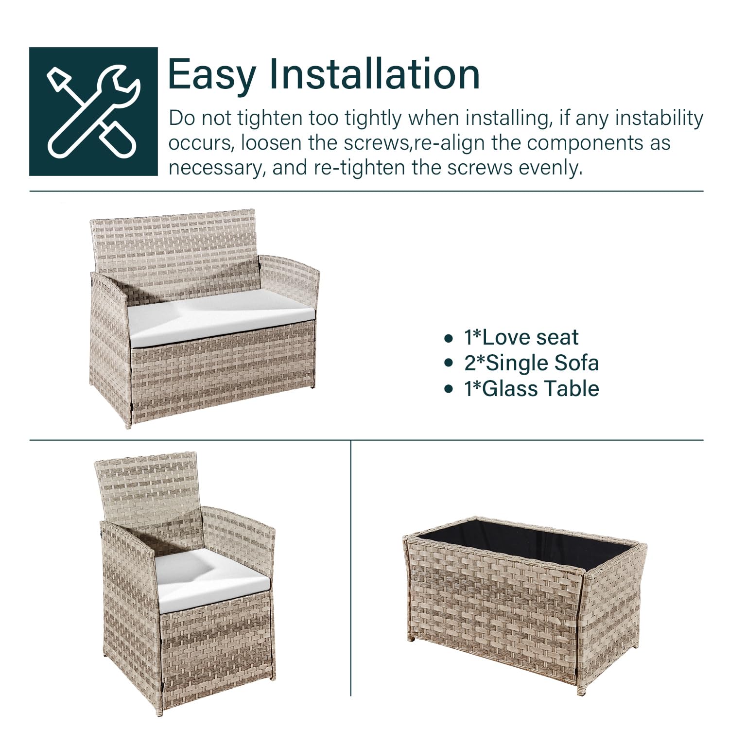 4 Piece Rattan Garden Furniture Sets, Patio Conservatory Set, Include Rattan loveset Sofa, Chair, Glass Coffee Table