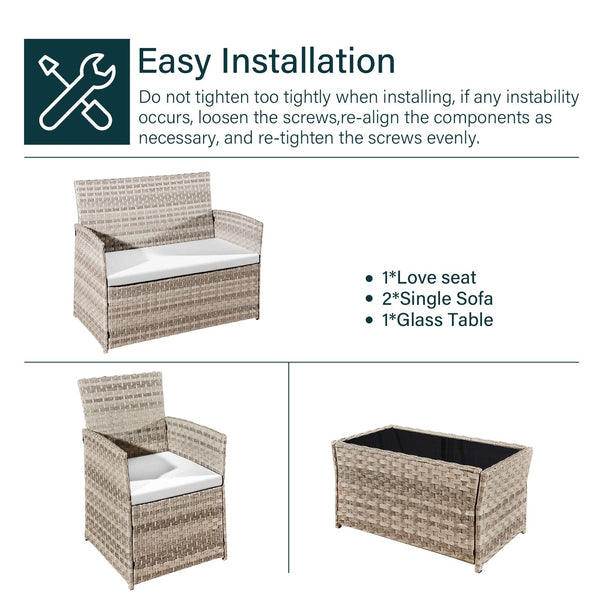 4 Piece Rattan Garden Furniture Sets, Patio Conservatory Set, Include Rattan loveset Sofa, Chair, Glass Coffee Table