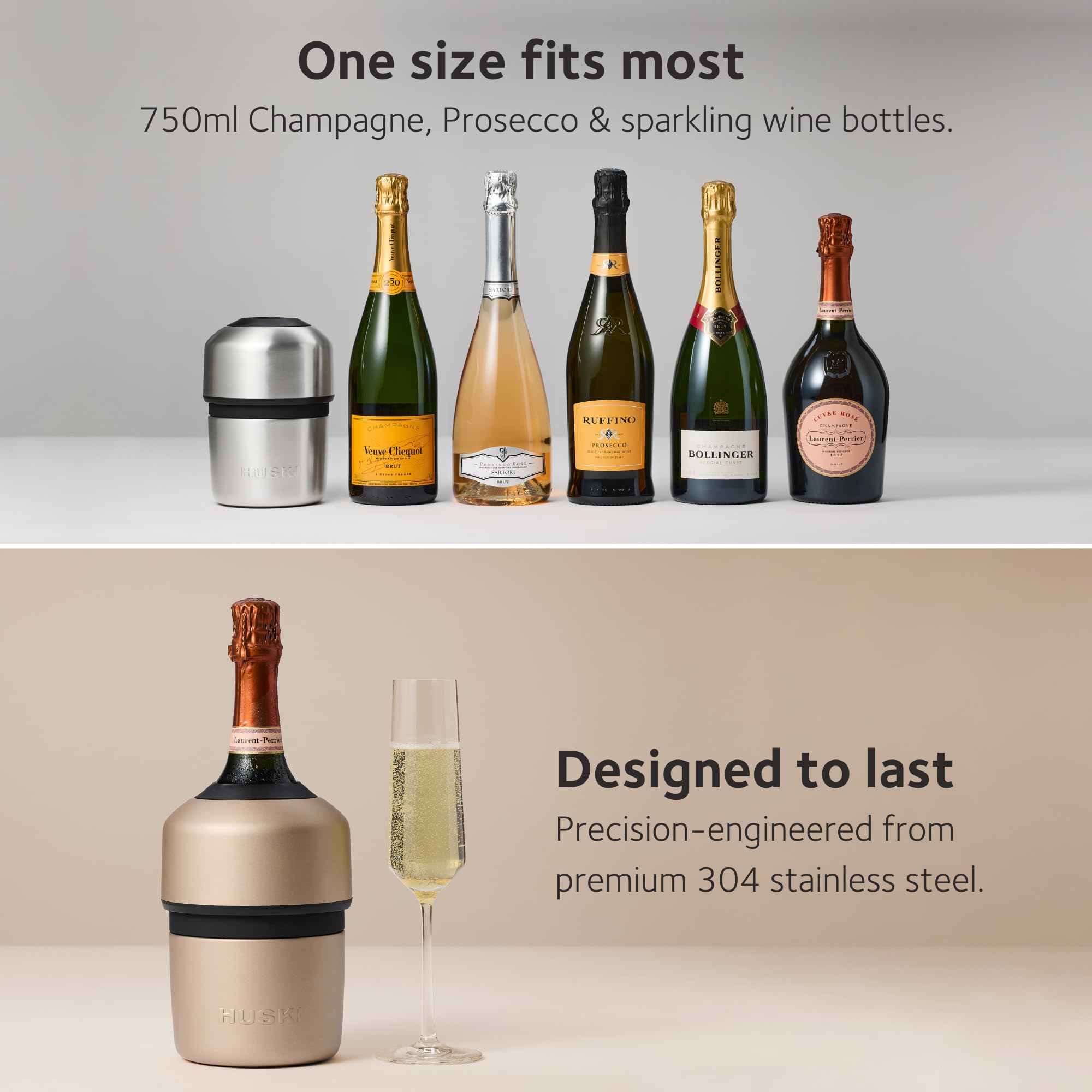 Huski Champagne Cooler | New | Award-Winning Iceless Design with Detachable Bottle Stopper | Keeps Wine Cold up to 6 Hours | Fits Most 750ml