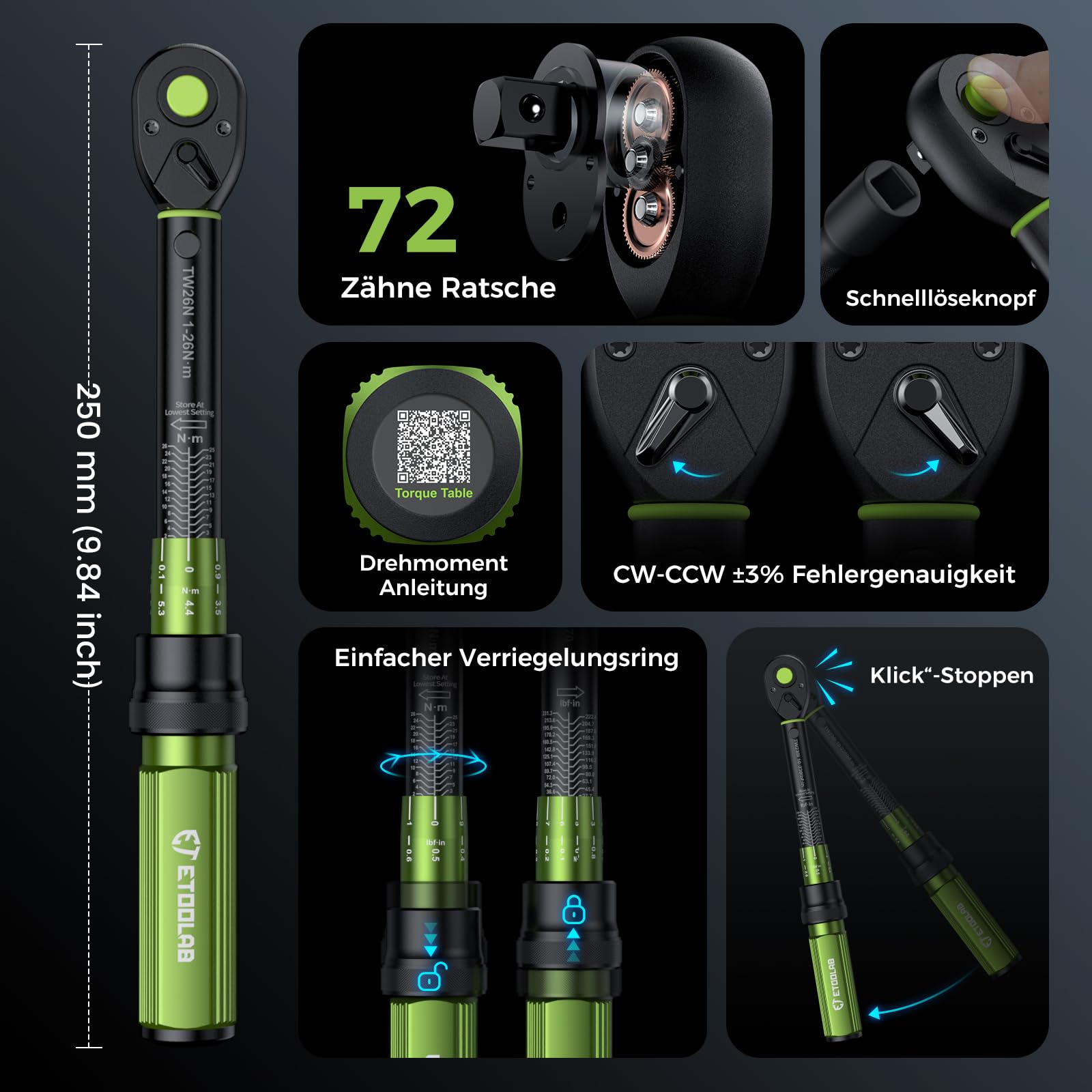 ETOOLAB 1/2 Torque Wrench Dual-Range【20-230Nm/10-170lbf-ft】±3% Precision, 72 Tooth Dual-Direction Adjustable Torque Wrench for Bicycle, Moto, Car Maintenance—3pcs
